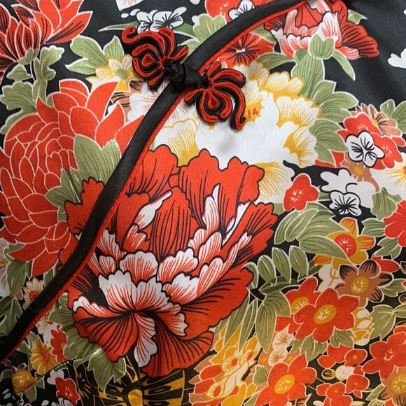 Laogudai 2 XL Black Red High Neck Long Sleeve Zip Back Asian Floral Maxi Dress - Picture 5 of 9